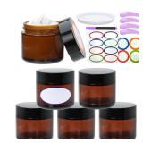 2oz Small Travel Containers with Black Lids,6 Pack Amber Glass Jars with Mini Disposable Spatula for Toiletriesï¼Travel Storageï¼Makeup Beauty Products, Lotions, Powders and Ointments - Retail