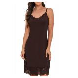 H HIAMIGOS Full Slip Under Dresses, Adjustable Spaghetti Strap, Lace Cami, Soft Satin Chemise, Sexy V Neck Nightgown for Women, Dark Brown, M