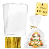 Labeol Cellophane Bags 450Pcs 4X6 Treat Bags with Ties Goodie Bag Clear Plastic Bag for Packaging Party Favor Gift Cookie Candy Bakery Christmas Valentines Day Easter Cellophane Wrap - Retail: $10