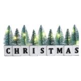 LED Lighted Christmas Tree Tabletop Decoration, Rustic Wooden Christmas Decor with Mini Trees, Xmas Sign Block Table Farmhouse Winter Holiday Centerpiece for Indoor Mantel, Shelf (Green) - Retail: $20