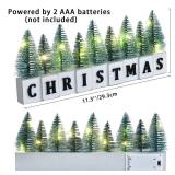 LED Lighted Christmas Tree Tabletop Decoration, Rustic Wooden Christmas Decor with Mini Trees, Xmas Sign Block Table Farmhouse Winter Holiday Centerpiece for Indoor Mantel, Shelf (Green) - Retail: $20