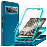 TFDSEUGH for Google Pixel 7 Pro Case with 2Pcs Self Healing Flexible TPU Screen Protector & Camera Lens Protector, 3 in 1 Heavy Duty Shockproof/Drop Proof/Dust Proof Case (Blue/Turquoise) - Retail: $1