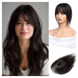 Inifale Hair Toppers for Women Clip in Bangs Real Human Hair,10 Inch 30g Brown Black Topper for Women 150% Density Silk Base Clip in Pieces Straight Hair for Thin Hair Daily Use