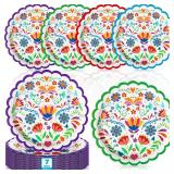 FillTouch 60 Pcs Mexican Paper Plates 7 Inch Disposable Fiesta Dessert Plates White Mandala Flower Cinco De Mayo Party Decoration for Taco Tuesday Carnival Birthday Party Supplies - Retail: $20