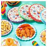 FillTouch 60 Pcs Mexican Paper Plates 7 Inch Disposable Fiesta Dessert Plates White Mandala Flower Cinco De Mayo Party Decoration for Taco Tuesday Carnival Birthday Party Supplies - Retail: $20