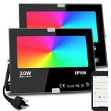 Led Flood Light 30W, 300W Equivalent 3000 LM Outdoor Color Changing Led Stage Landscape Lights, Bluetooth RGBW Smart Floodlights 2700K & 16 Million Colors&Timing& Music Sync, IP66ï¼US 3-Plug (2 Pa