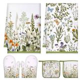 Leinuosen 6 Wild Flower Kitchen Towels Kitchen Decor and Accessories Set Floral Plant Oven Mitts and Pot Holders Sets Farmhouse Absorbent Dish Towels for Cooking Baking Grilling - Retail: $15