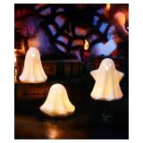 AOMOONOA Ceramic Ghosts Small White Ghost Figurine, 3PCS Light Up Ghost Decor, Small LED Ghost Halloween Decor Spooky Sculptures for Indoor Halloween Party Tabletop Home Shelf Decoration - Retail: $10