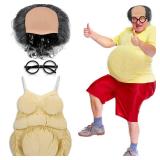 Berlune 3 Pcs Old Men Fat Suit Costume Accessories Set Fat Belly Apparel Bald Wig Bald Cap Glasses Frame for Adults Fat Suit Costume for Halloween Cosplay - Retail: $47