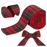 Christmas Wired Edge Plaid Ribbon 2.5 Inches Black and White Buffalo Wrapping Ribbon Gingham Ribbon for Christmas Tree Wreath Gift Wrapping, Crafts, and Decorations(Red with Green and Gold Line Plaid)