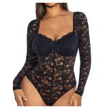 Avidlove Black Lace Bodysuit Long Sleeve Body Suits Womens Lace Body Suit with Snap Crotch Black Tops for Women Going Out Black XL - Retail: $22