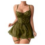 Lilosy Sexy Garter Belt Mesh Lace Babydoll Lingerie Dress Set with Thong Women Floral NightDress Nightwear Cute Underwire Push Up Corset Outfit Sheer Slip Army Green X-Large - Retail: $18