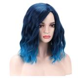 BERON Blue Wig Short Curly Wig Mix Blue Bob Wigs Charming Women Beach Wave Blue Wigs for Cosplay Costume Party Hairnet Included - Retail: $21