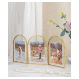 Jajamy 5x7 Triple Picture Frames, Arched Folding Hinged Brass Picture Frames for Three photos, Glass Floating Frame for Artwork Tabletop Display(5x7 Vertical) - Retail: $33