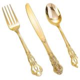 Joyido 150 Pieces Gold Plastic Silverware - Heavy Duty Gold Disposable Utensils - Fancy Plastic Cutlery Set Includes 50 Forks, 50 Spoons, 50 Knives for Holidays Parties Weddings - Retail: $33