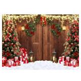 dnldliq 10x8ft Christmas Wood House Backdrop Rustic Barn Door Glitter Christmas Tree Photography Background Snowy Wreath Gift Xmas Party Family Holiday Party Decorations Banner Photo Booth Props - Ret