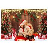 dnldliq 10x8ft Christmas Wood House Backdrop Rustic Barn Door Glitter Christmas Tree Photography Background Snowy Wreath Gift Xmas Party Family Holiday Party Decorations Banner Photo Booth Props - Ret