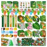 BenLouis 120Pcs Jungle Safari Party Favors Zoo Animals Sticker Stampers Slap Bracelets School Stationery Set Bulk Classroom Prizes for Kids Wild One Party Baby Shower Goodie Bags Fillers - Retail: $22