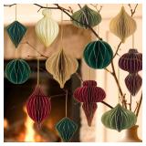 12Pcs Christmas Paper Honeycomb Ornaments for Tree, 3D Glitter Edge Paper Honeycomb Lanterns Foldable Neutral Hanging Decorations for Xmas Tree New Year Holiday Party Home Decor, Red Green Beige - Ret