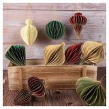 12Pcs Christmas Paper Honeycomb Ornaments for Tree, 3D Glitter Edge Paper Honeycomb Lanterns Foldable Neutral Hanging Decorations for Xmas Tree New Year Holiday Party Home Decor, Red Green Beige - Ret