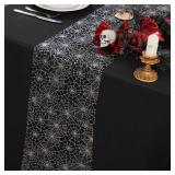 Snowkingdom Halloween Table Runner, Silver Spider Web Metallic Sequin Glitter Sheer Runners Roll 120\", Black Table Decorations for Halloween, Wedding, Birthday, Themed Party, Christmas - Retail: $8