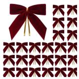 Utehilly 24 Pcs Burgundy Small Velvet Christmas Bows for Christmas Tree, Wreath, Gift Wrapping, Crafts, Wedding, Party, Twist Tie Bows for Treat Bag Bakery Candy Bags, Home Decor 1\" W,3.5 x 3.5 inch 