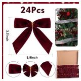 Utehilly 24 Pcs Burgundy Small Velvet Christmas Bows for Christmas Tree, Wreath, Gift Wrapping, Crafts, Wedding, Party, Twist Tie Bows for Treat Bag Bakery Candy Bags, Home Decor 1\" W,3.5 x 3.5 inch 