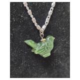 Jade colored Bird Pendant Silver Chain Necklace