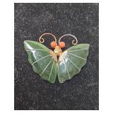 Jade and Gold Butterfly Brooch with Coral Eyes