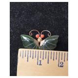 Jade and Gold Butterfly Brooch with Coral Eyes