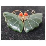 Jade and Gold Butterfly Brooch with Coral Eyes
