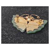 Jade and Gold Butterfly Brooch with Coral Eyes