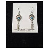 Native American hand crafted Sterling Silver Bear Paw Turquoise Feather Earrings