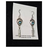 Native American hand crafted Sterling Silver Bear Paw Turquoise Feather Earrings