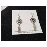 Native American hand crafted Sterling Silver Bear Paw Turquoise Feather Earrings