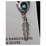 Native American hand crafted Sterling Silver Bear Paw Turquoise Feather Earrings