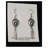 Native American hand crafted Sterling Silver Bear Paw Turquoise Feather Earrings