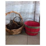 Traditional Woven Baskets and Red Wood Bushel Set