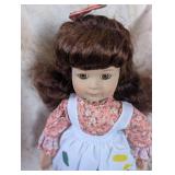 1980s Porcelain Doll with Floral Dress and Pinafore