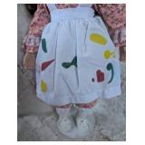 1980s Porcelain Doll with Floral Dress and Pinafore