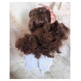 1980s Porcelain Doll with Floral Dress and Pinafore