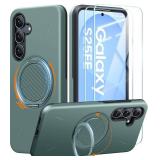 JAME for Samsung Galaxy S25 FE Case, Ring Holder Stand Kickstand, 2 Packs Screen Protector, Dual Layer Shockproof Protective Cover, Magnetic Accessory Friendly Galaxy S25 FE Phone Case, Green