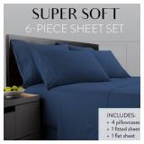 Danjor Linens Bed Sheet Set King Size for Hot Sleepers, Hotel Premium Sheets with 4 Pillowcases, Lightweight Brushed Microfiber Deep Pockets, Breathable Cooling 6 Piece Bedding Sets, Navy