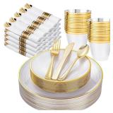 Morejoy 175PCS Pearl White and Gold Plastic Plates - Disposable Gold Party Plates & Pre Rolled Napkins with Cutlery for 25 Guests, 50Plates, 75Silverware, 25Cups, 25Napkin for Party & Thanksgiving