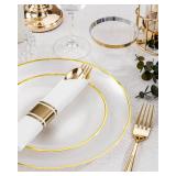 Morejoy 175PCS Pearl White and Gold Plastic Plates - Disposable Gold Party Plates & Pre Rolled Napkins with Cutlery for 25 Guests, 50Plates, 75Silverware, 25Cups, 25Napkin for Party & Thanksgiving