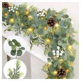 Prelit & Timer - 6 Ft Christmas Garland with Lights, Real Touch Cedar Garland Soft Bendable Thickness Eucalyptus Cypress Pine Garland with Pinecone Berry, Lighted Garlands for Mantle Table Stairs