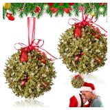 XunYee 2 Pack 5 Inch Christmas Mistletoe Door Kiss Ball Ornament Hanging Decor, Artificial Glitter Kissing Ball Ornament with Bow and Red Berries for Home Christmas Tree Party Decor