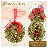 XunYee 2 Pack 5 Inch Christmas Mistletoe Door Kiss Ball Ornament Hanging Decor, Artificial Glitter Kissing Ball Ornament with Bow and Red Berries for Home Christmas Tree Party Decor