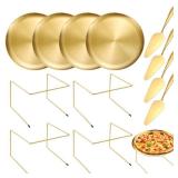 GRETJOB 12 Pcs Pizza Pan Riser Stand Set, 4 Metal Pizza Table Stands + 4 Nonstick Pizza Pans + 4 Pie Servers, Gold Pizza Rack & Tray for Baking, Dessert, Cheese, Party, and Restaurant Use (Gold)