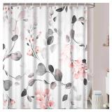 Ruelvth Grey Eucalyptus Shower Curtain, Watercolor Gray and Pink Floral Shower Curtain Set with Hooks Waterproof Spring Botanical Bathroom Decor, 72x72 Inch